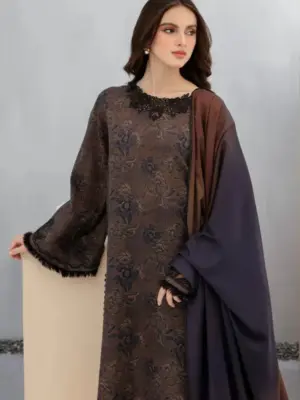 karandi-3pc-printed-shirt-with-karandi-printed-duaptta-and-trouser-804-1968258 Dark Mocha Floral Premium 3 Piece Dres