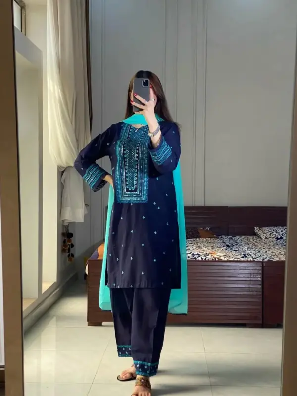Navy X Aqua Embroidered Set