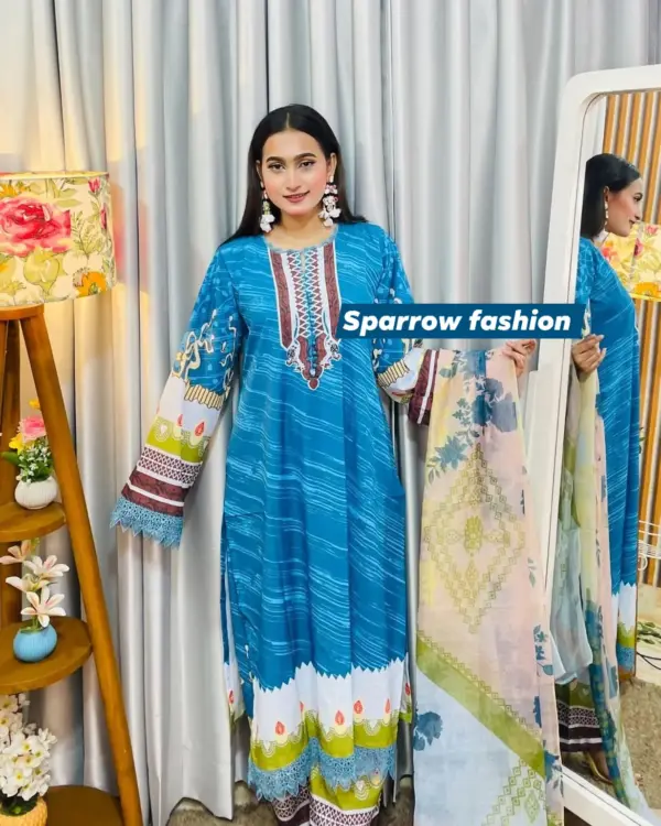 Blue Digital Print Lace Dress