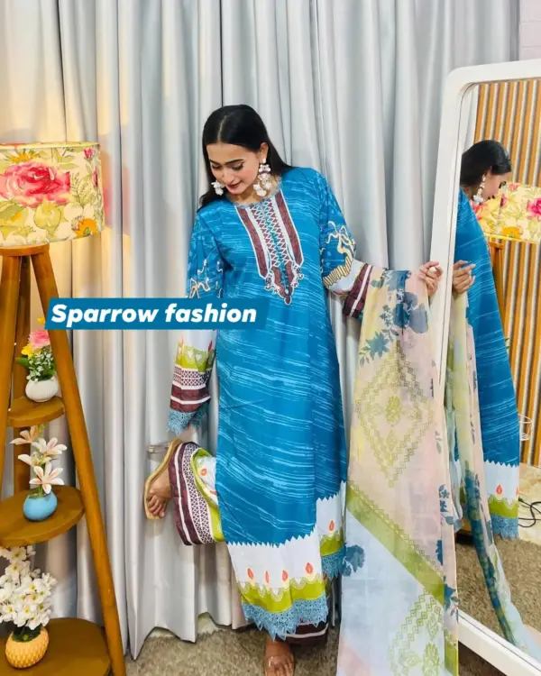 Blue Digital Print Lace Dress
