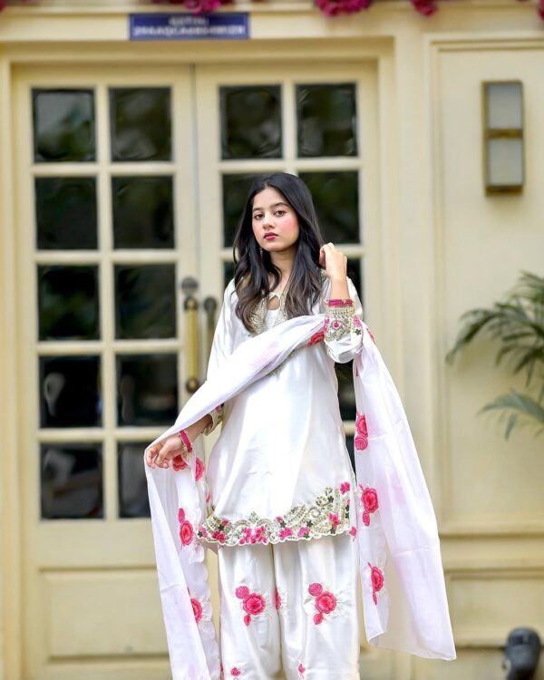 Luxury Satin Embroidery Three Piece with Organza Dupatta for Women