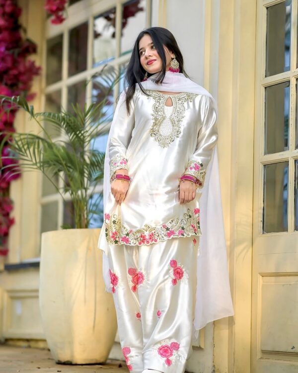 Luxury Satin Embroidery Three Piece with Organza Dupatta for Women
