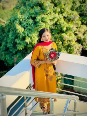 Mustard Embroidered Dress with Magenta Georgette Orna