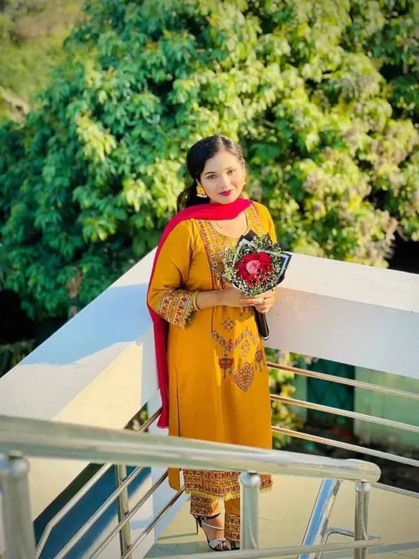 media_69c6c78053167 Mustard Embroidered Dress with Magenta Georgette Orna