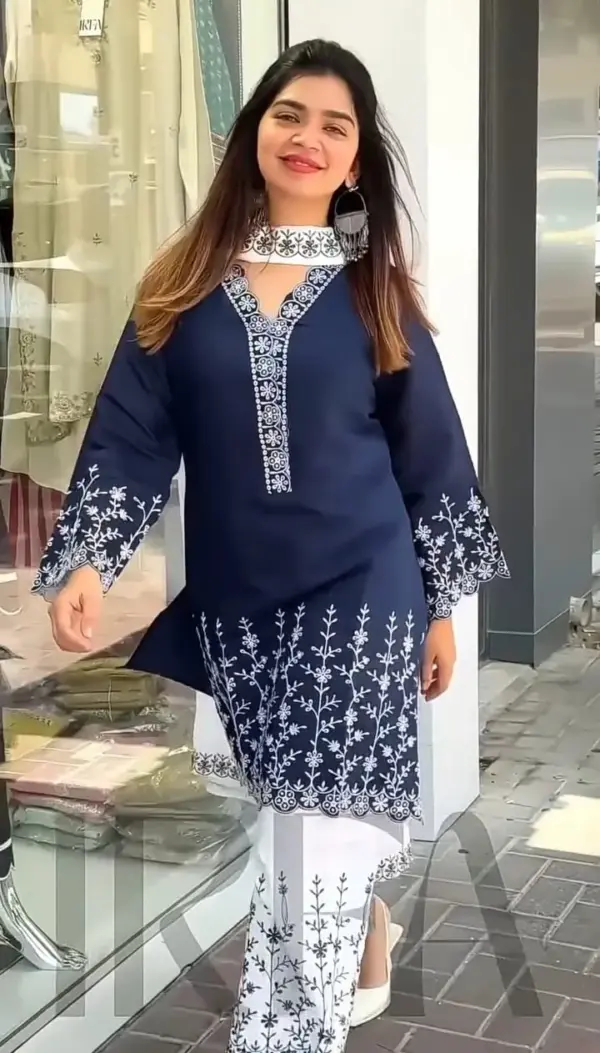Elegant Navy & White Floral Embroidery Dress – Summer Special