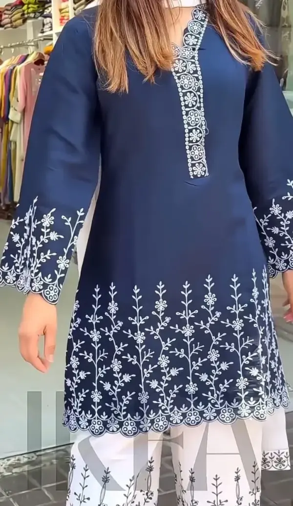 Elegant Navy & White Floral Embroidery Dress – Summer Special