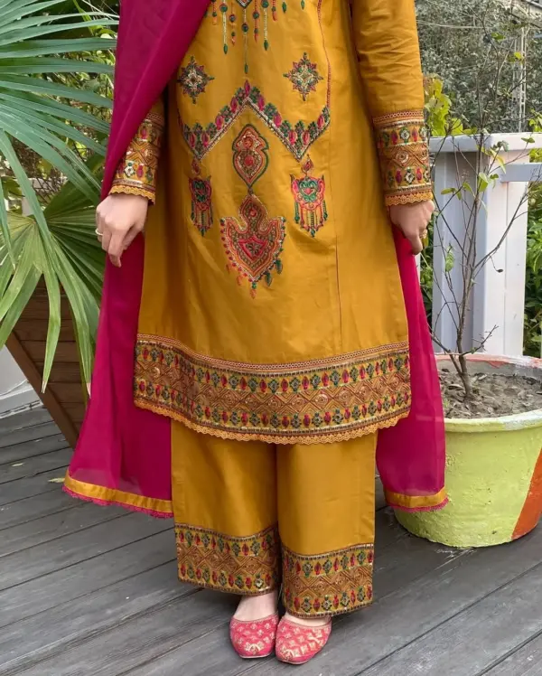 media_69c8249fcabc0 Mustard Embroidered Dress with Magenta Georgette Orna