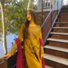 media_69c824a02a6df Mustard Embroidered Dress with Magenta Georgette Orna