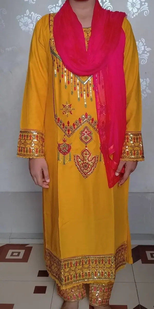 media_69c824a07ccc4 Mustard Embroidered Dress with Magenta Georgette Orna