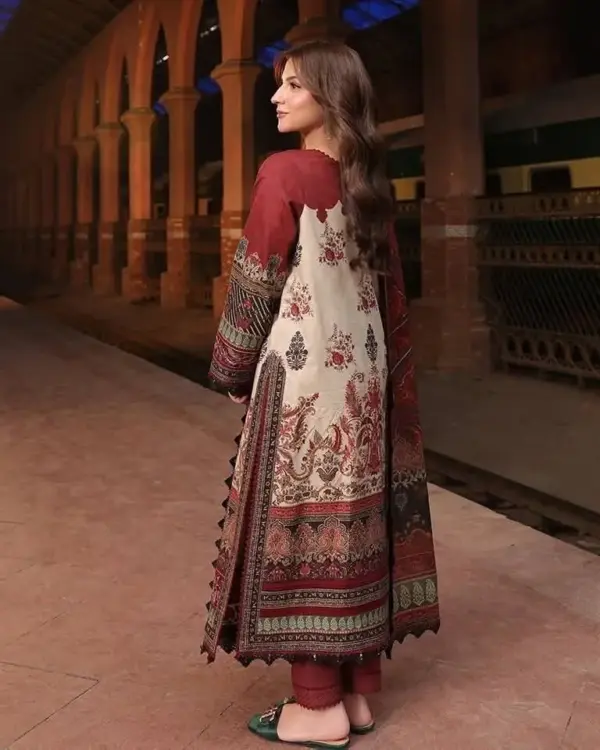 Deep Maroon Lahori Cotton 3-Piece Suite with Elegant Embroidery