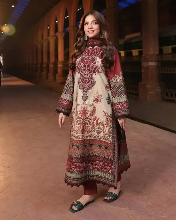 Deep Maroon Lahori Cotton 3-Piece Suite with Elegant Embroidery