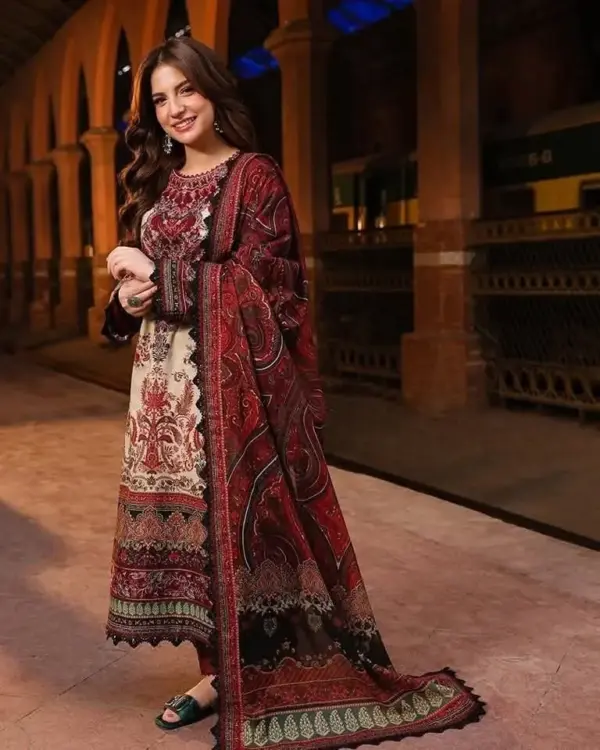 Deep Maroon Lahori Cotton 3-Piece Suite with Elegant Embroidery