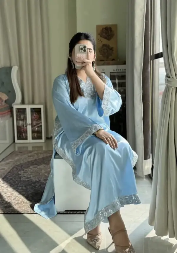✨ Sky Blue Serenity – Elegant Satin & Silver Embroidery Set ✨