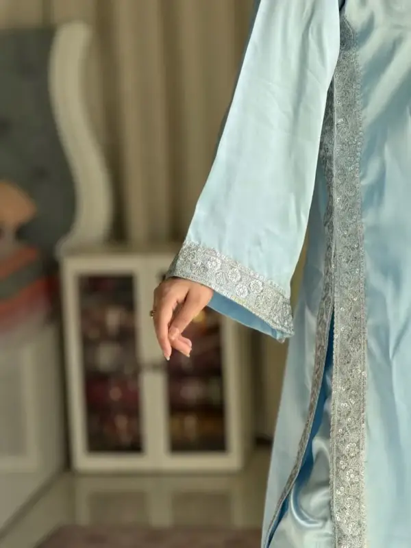 ✨ Sky Blue Serenity – Elegant Satin & Silver Embroidery Set ✨