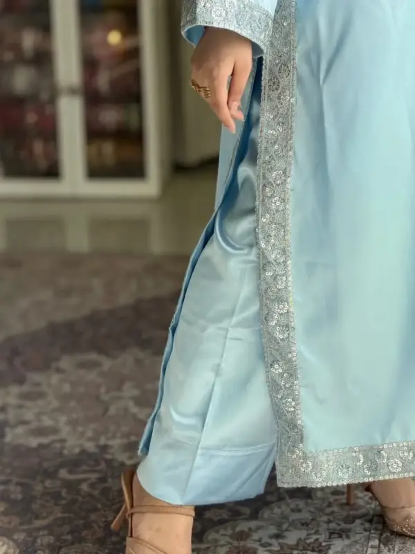 ✨ Sky Blue Serenity – Elegant Satin & Silver Embroidery Set ✨